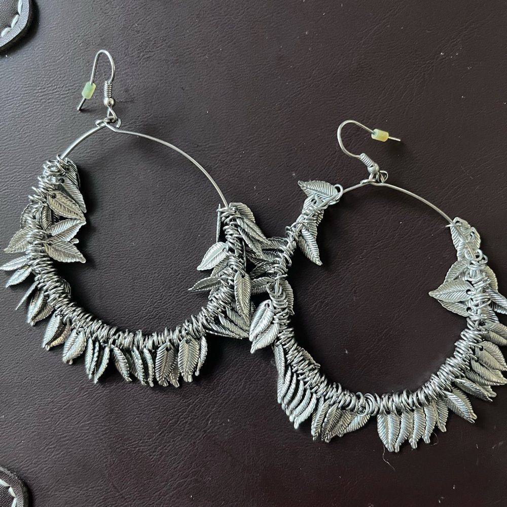 Intricate Silver Leaf chandelier leaf fringe Hoop Earrings